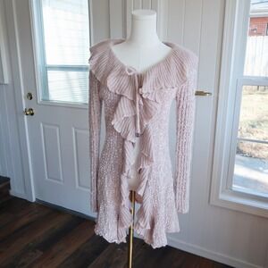 Sioni Womens Longline Cardigan L Pink Fairycore Ruffle Knit Y2K Whimsigoth Boho